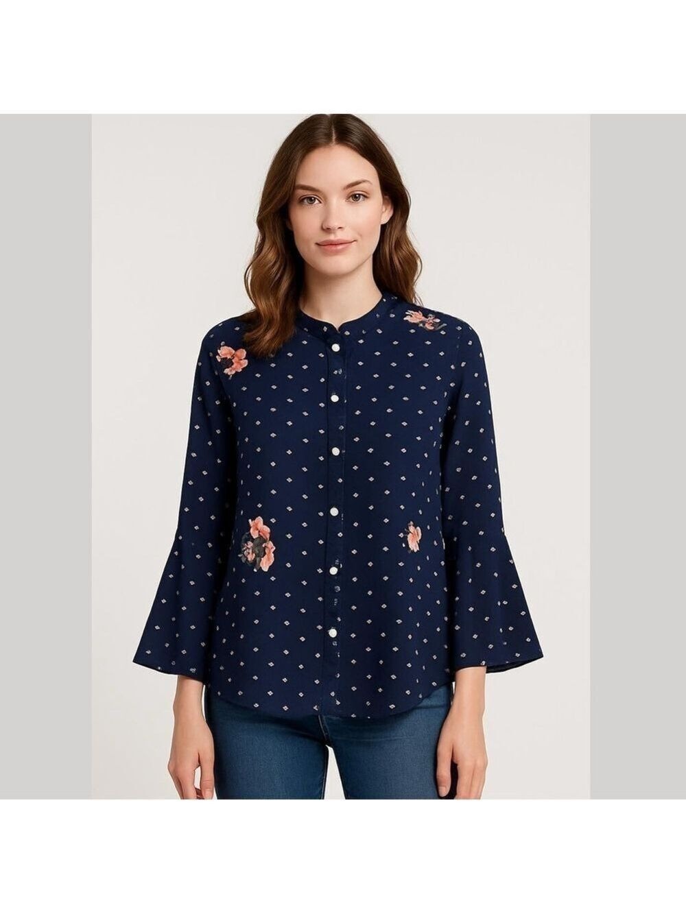 Loft Top Softened Shirt Large Navy Blue Button Down Floral Aplique Embroidered